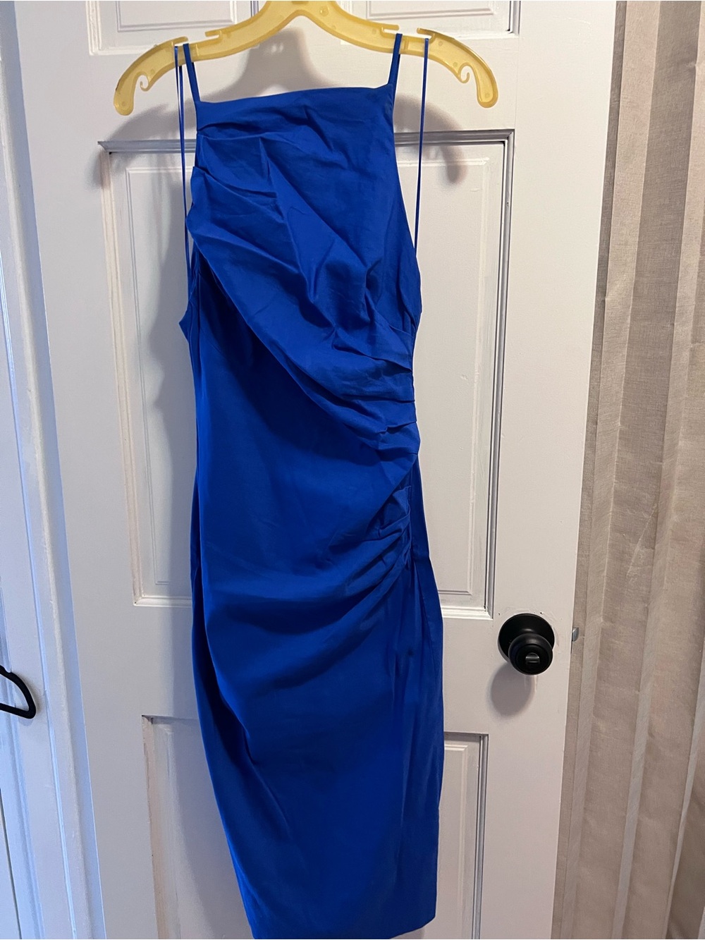 Zara Cobalt Blue Asymmetric Ruched Midi Dress